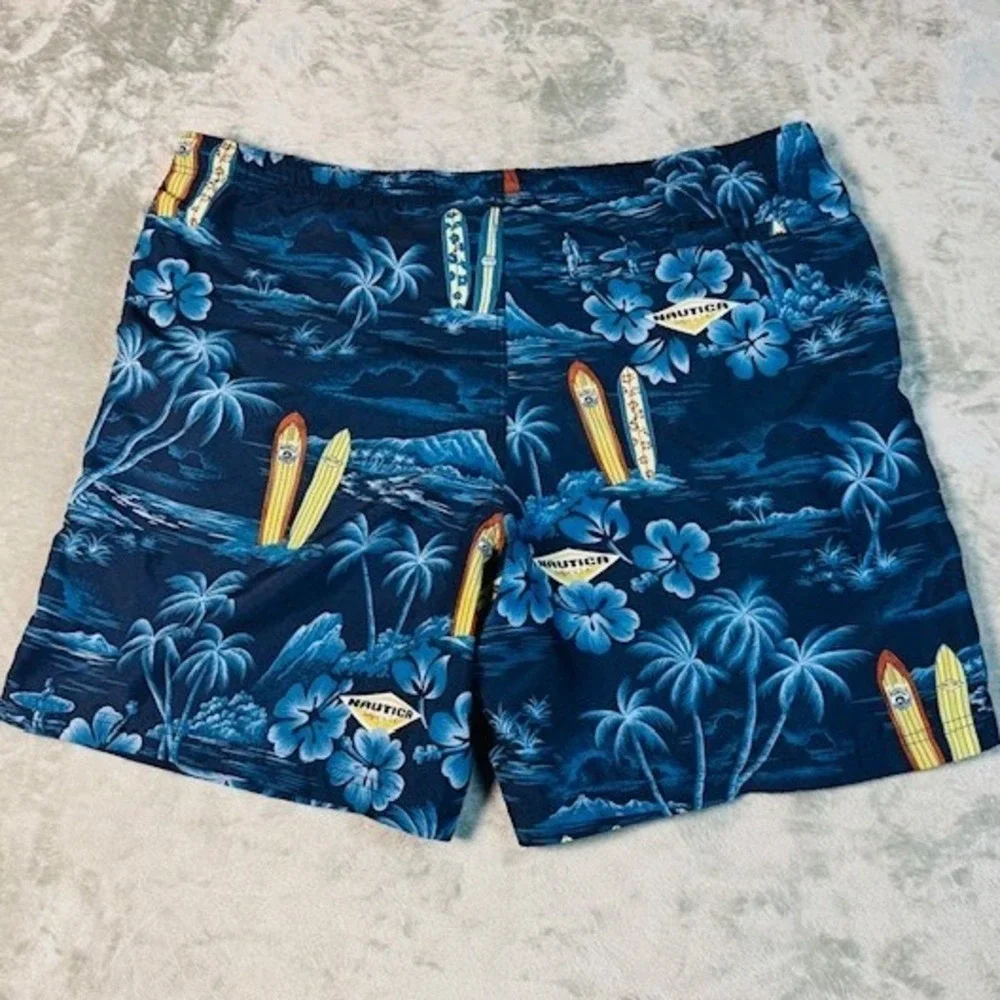 Nautica‎ Swim Trunks Mens XL Blue Tropical Surfboard Palm Tree Board Shorts